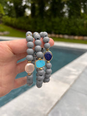 Turquoise, Blue Lapis and Coin Pearl Gray Wood Set