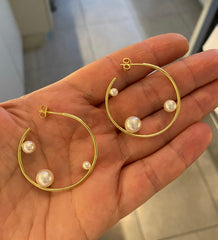 Large Gold 3 Pearl Hoops